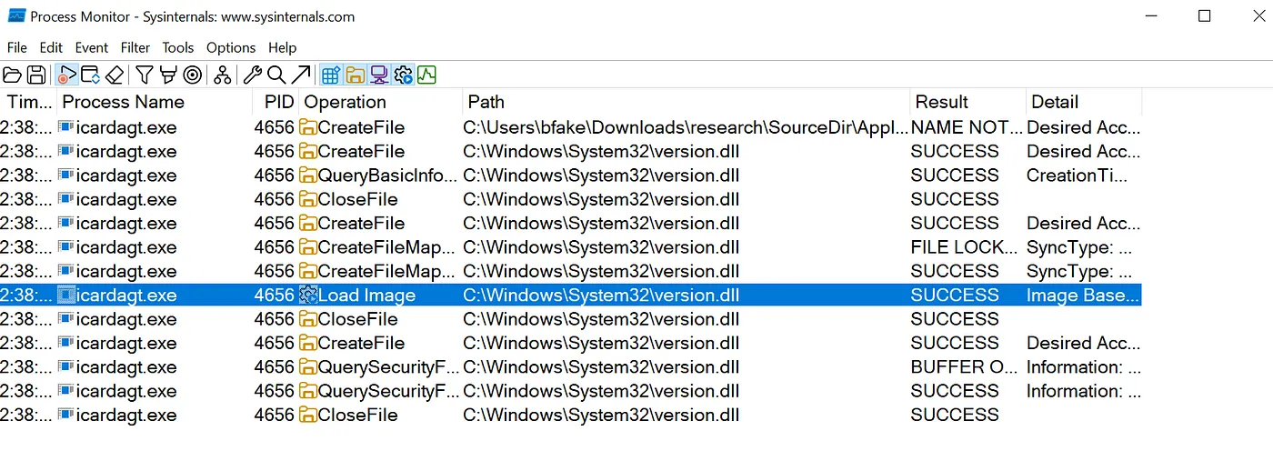 Procmon, filtering for icardagt.exe and version.dll — loading from System32
