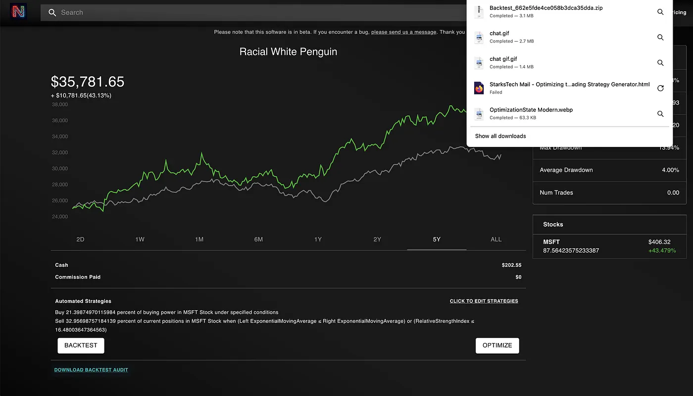 Downloading a backtest audit, which shows why decisions were made