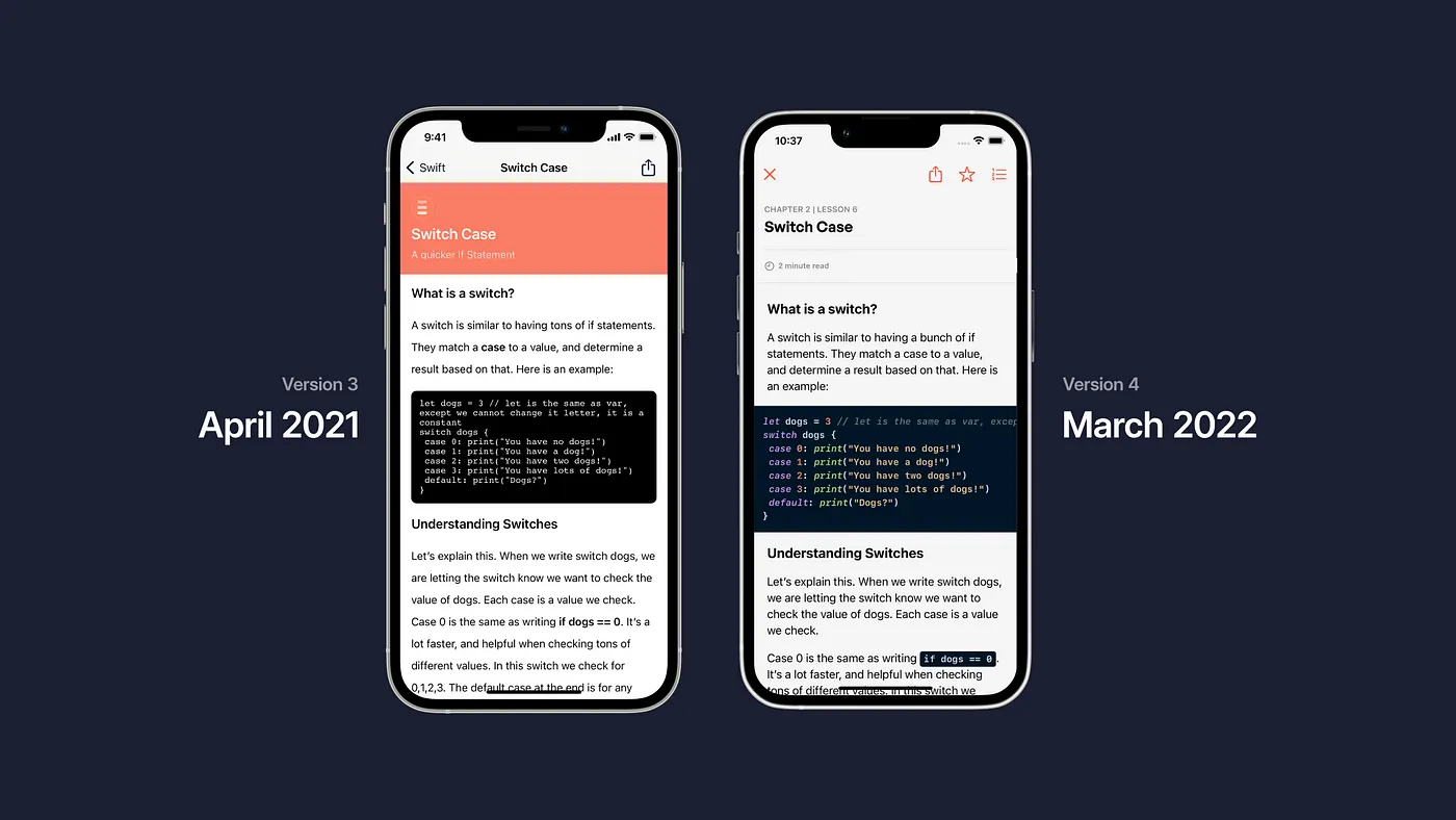 A side by side of two versions of the STEMpump Lesson view. On the left, Verison 3 from March 2021, and on the right, Verison 4 from March 2022.