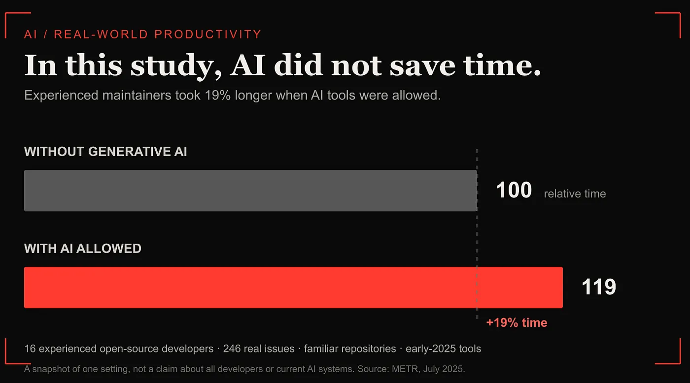Relative task time in METR’s study: 100 without generative AI and 119 with AI allowed.