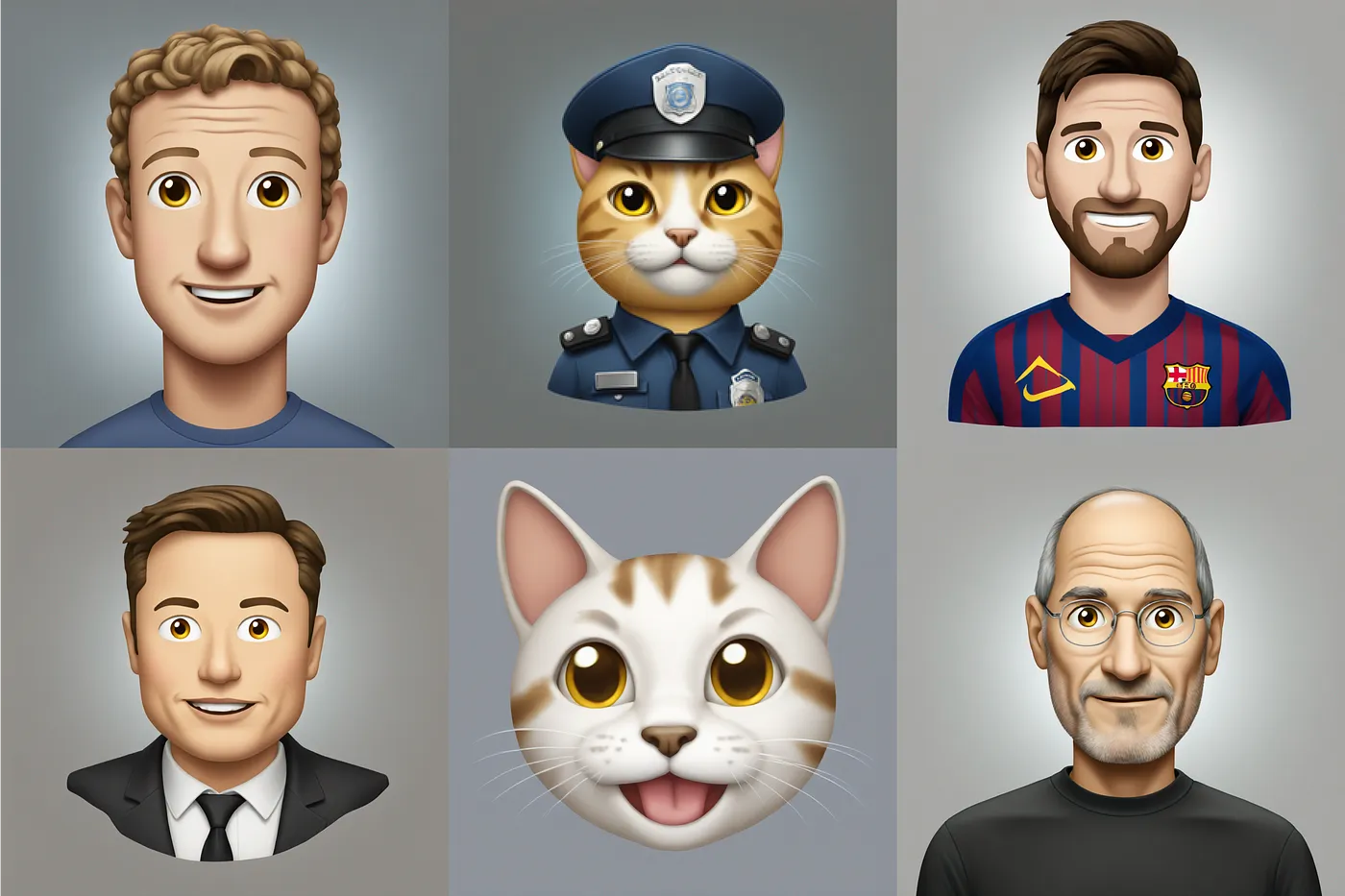 AI tool emoji generator from Artificial Studio Apple iOS style, elon musk, lionel messi, cat, elon musk, Mark Zuckerberg, Steve Jobs