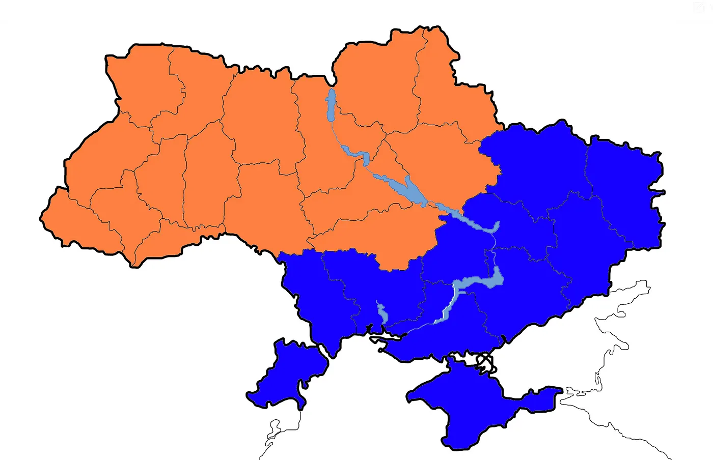 Picture of Ukraine with Crimea and ten Easterns and Southern regions coloured blue, other coloured orange