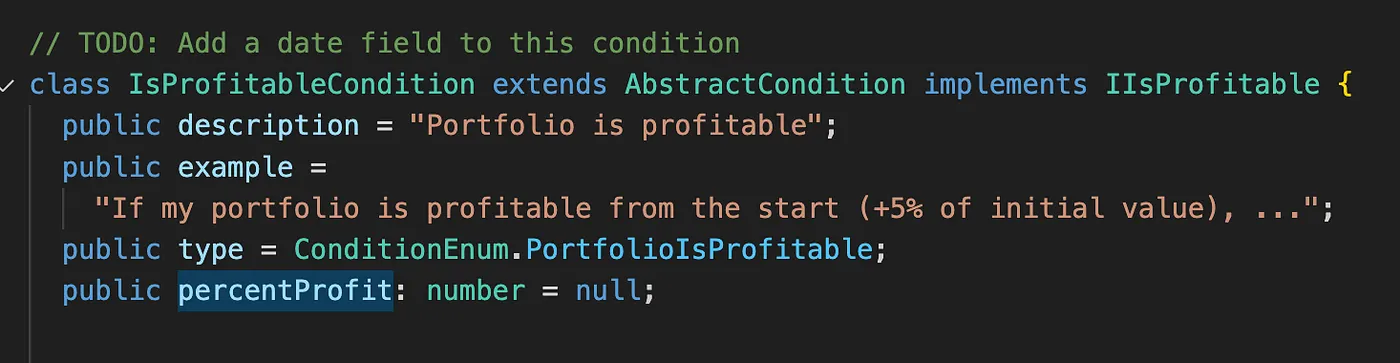 An example “Condition” in NextTrade. Returns “True” if the portfolio is profitable from the start.