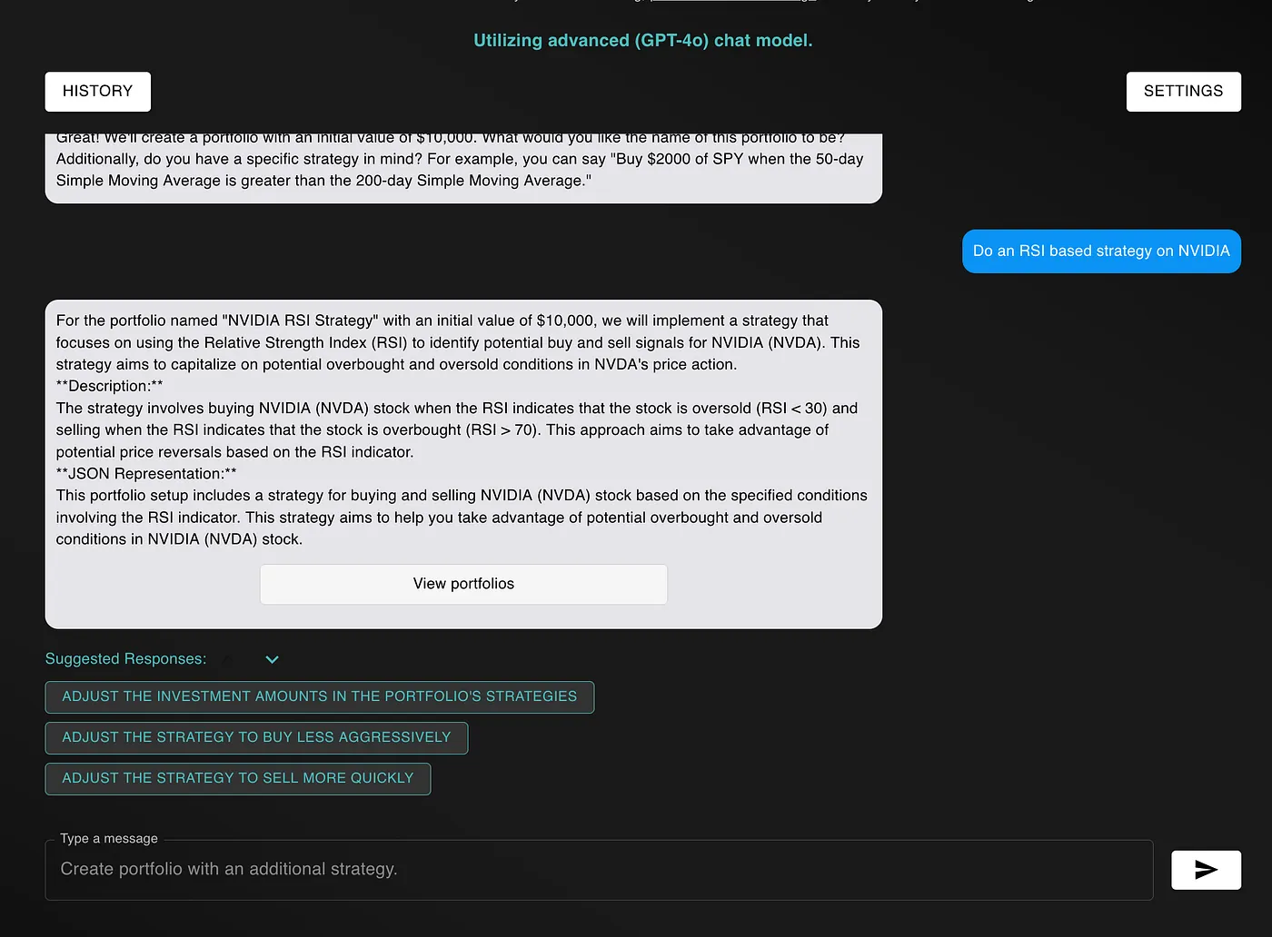 GPT-4o’s response for generating a portfolio with an RSI-based strategy
