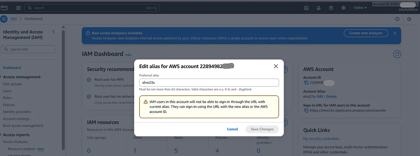 Aliased my account on the IAM Dashboard