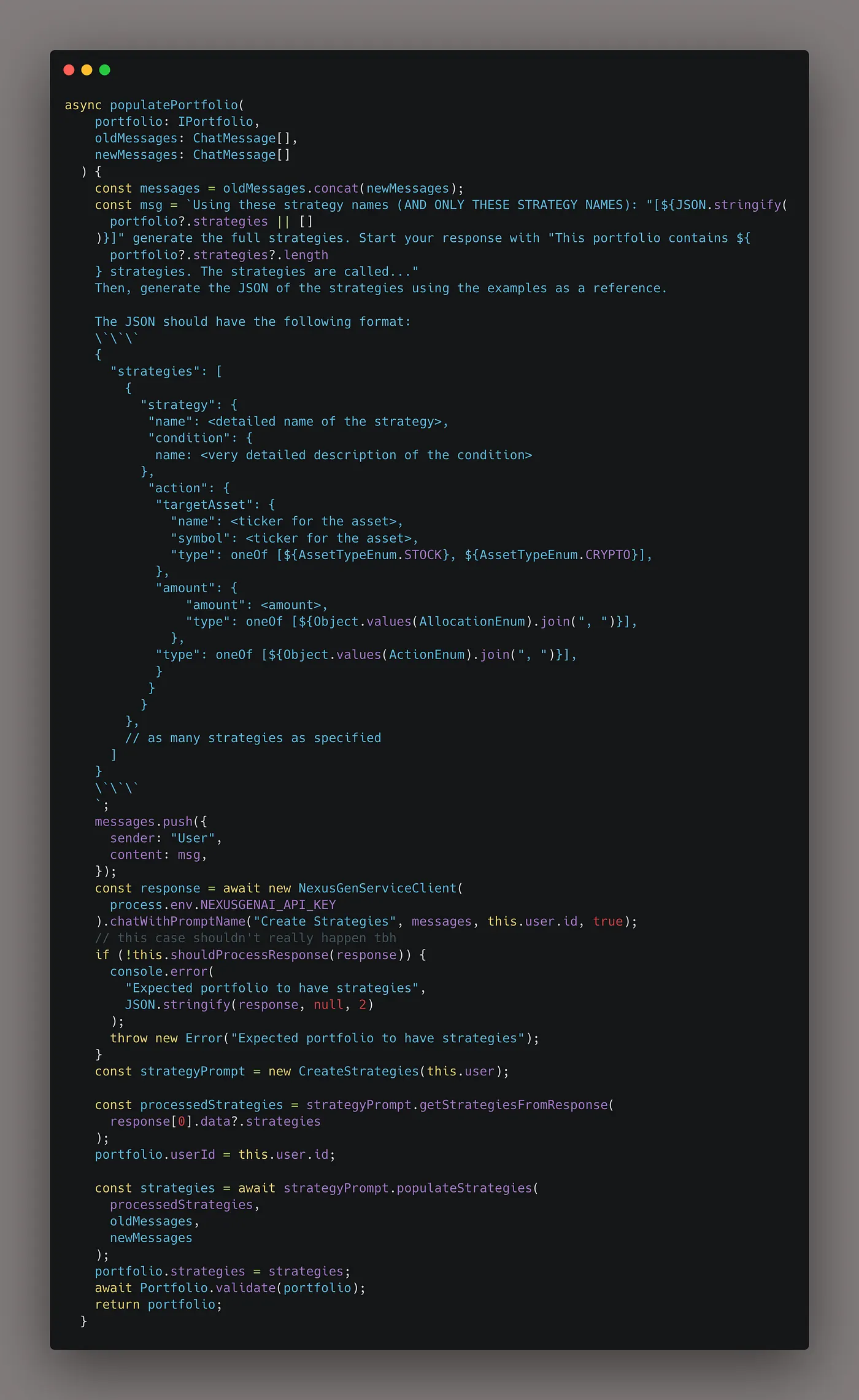 The “populatePortfolio” function, which feeds in the response of one prompt as input to another