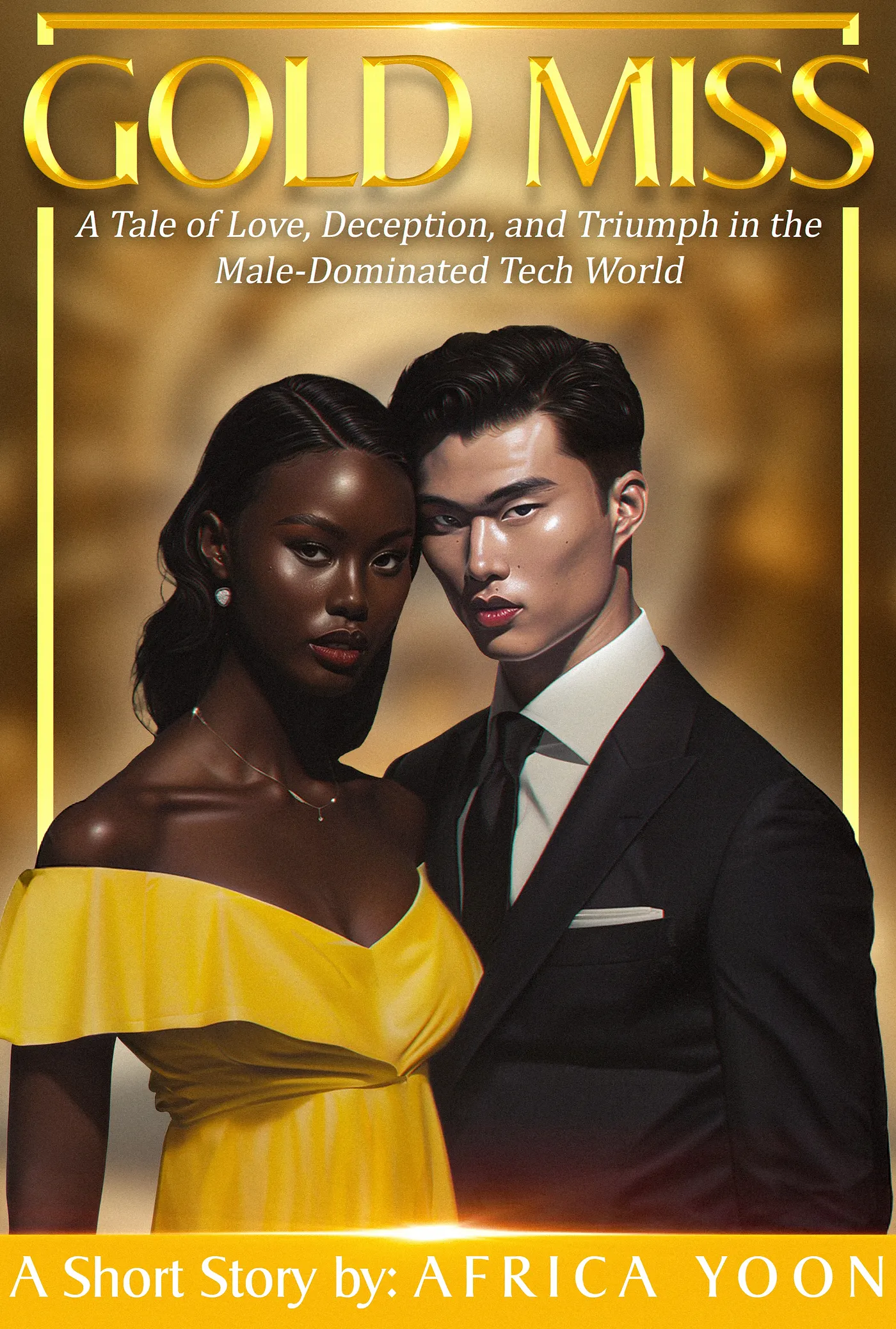 cover image of 'Gold Miss,' a short story by Africa Byongchan Yoon is of an African woman in a gold dress next to an Asian man in a suit. The title, border and background are in a gold hue.