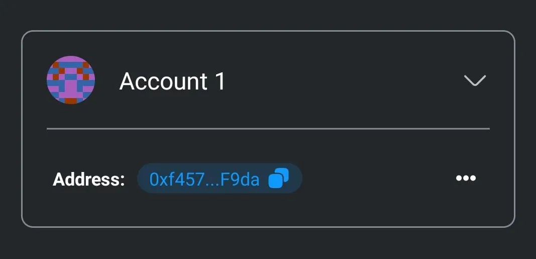 Figure 1. This image displays a typical cryptocurrency wallet interface labeled “Account 1,” where the Ethereum address is partially shown as “0xf457…F9da.” This format, revealing only the first and last few characters, can make wallets vulnerable to address poisoning attacks by obscuring full address details.