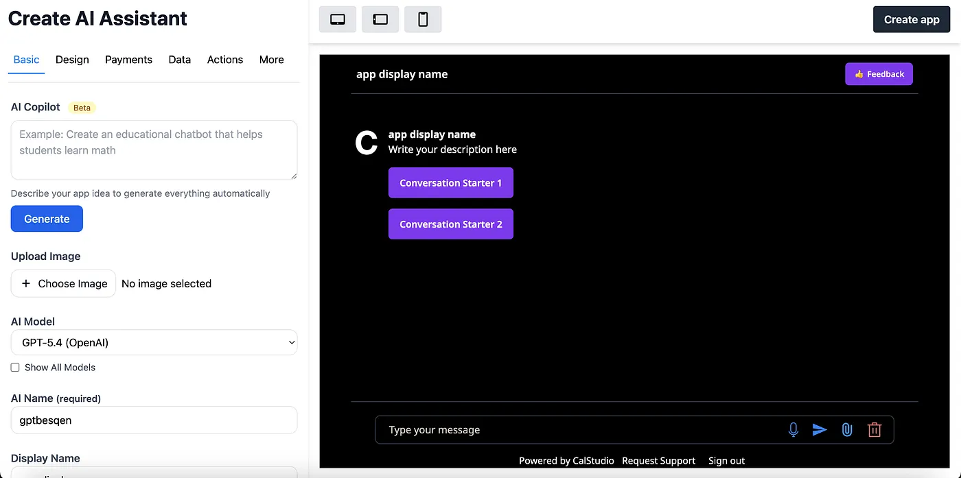 GPT 5.4 model selection and bot configuration form