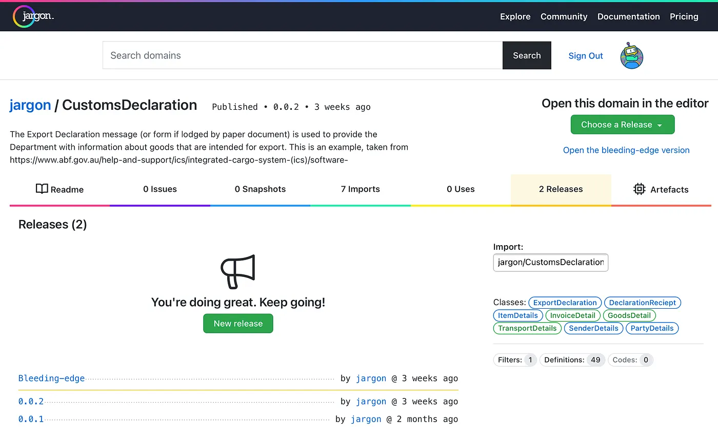 The Releases tab of the Domain Details page lists the Releases this Domain has.