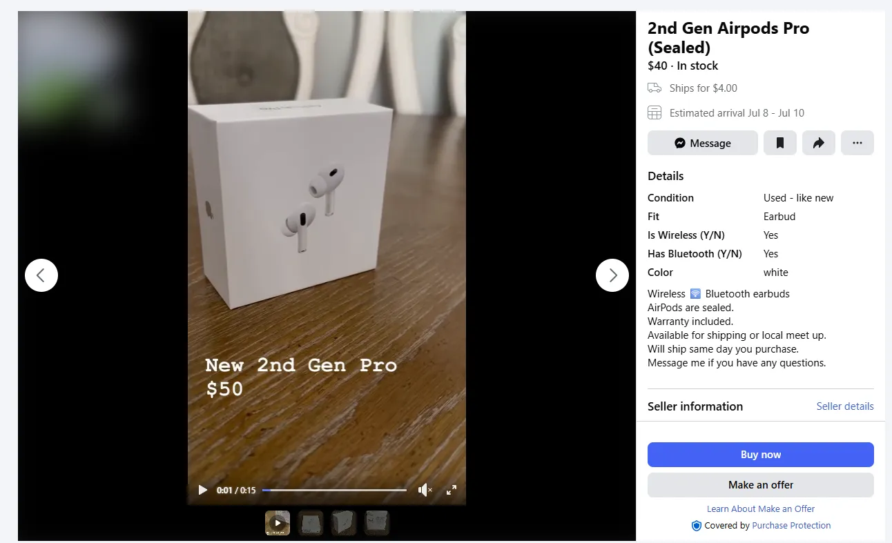 Cheap AirPods being sold on Marketplace