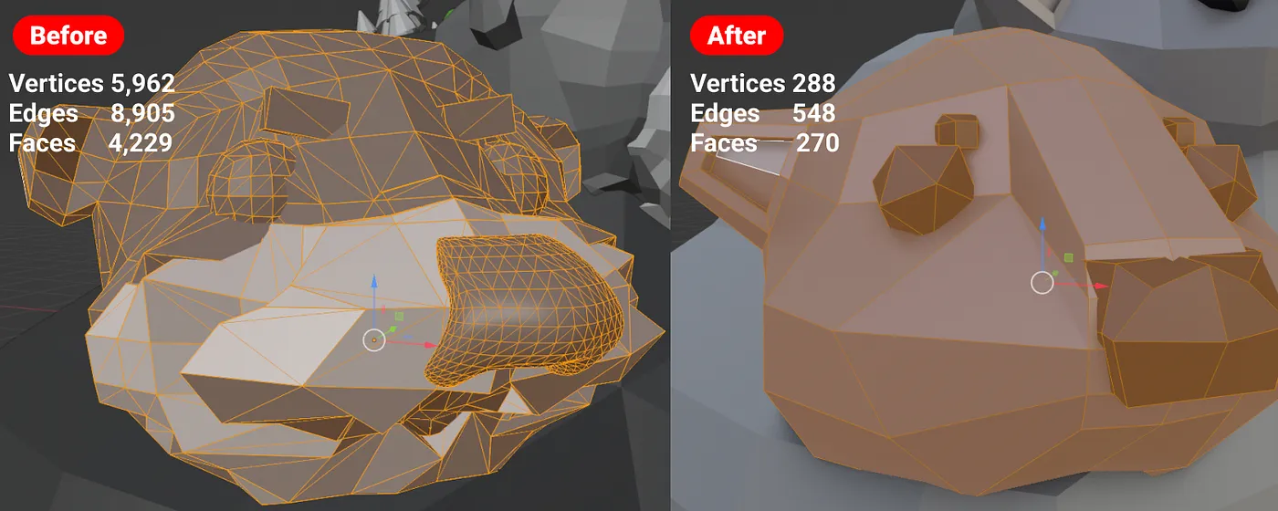 Before and after Otter’s Head of reducing meshes