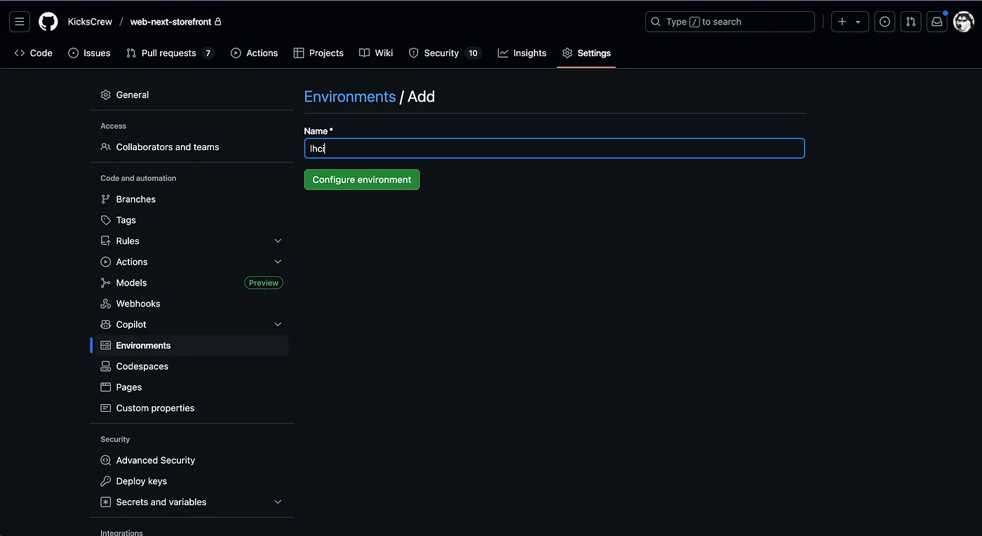 Create your environment in the repo’s Settings → Environments.