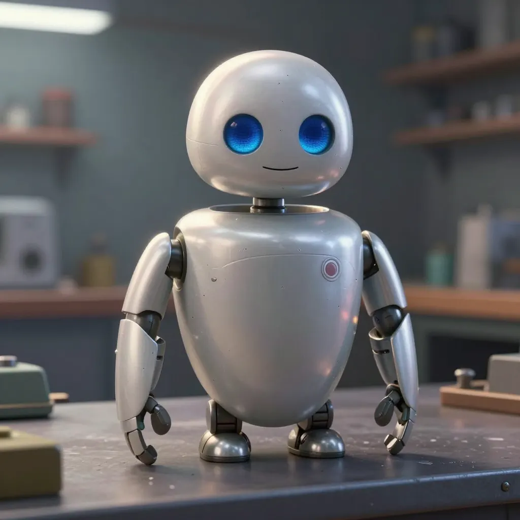 A Pixar-style 3D animated robot sitting on a workshop bench, brushed metal textures, soft rim lighting, subtle subsurface scattering on plastic, micro scratches visible, filmic key-fill-rim lighting setup.