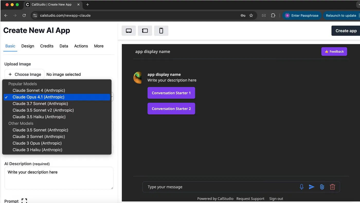 Claude Opus 4.1 configuration interface