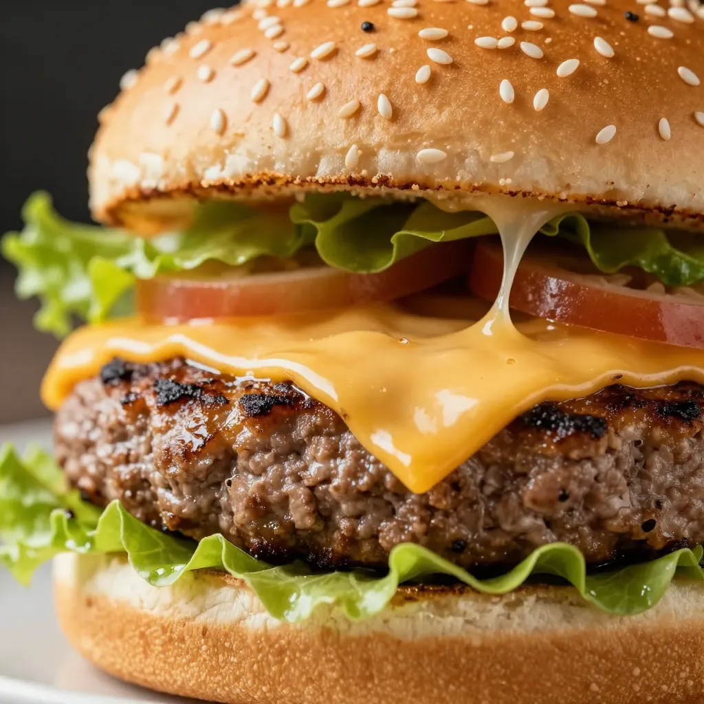 Macro food ad shot of a gourmet sourdough burger: melted cheese strands, glistening fat on seared patty surface, sesame bun grains, depth-of-field blur, studio light reflection on greens, commercial grading.