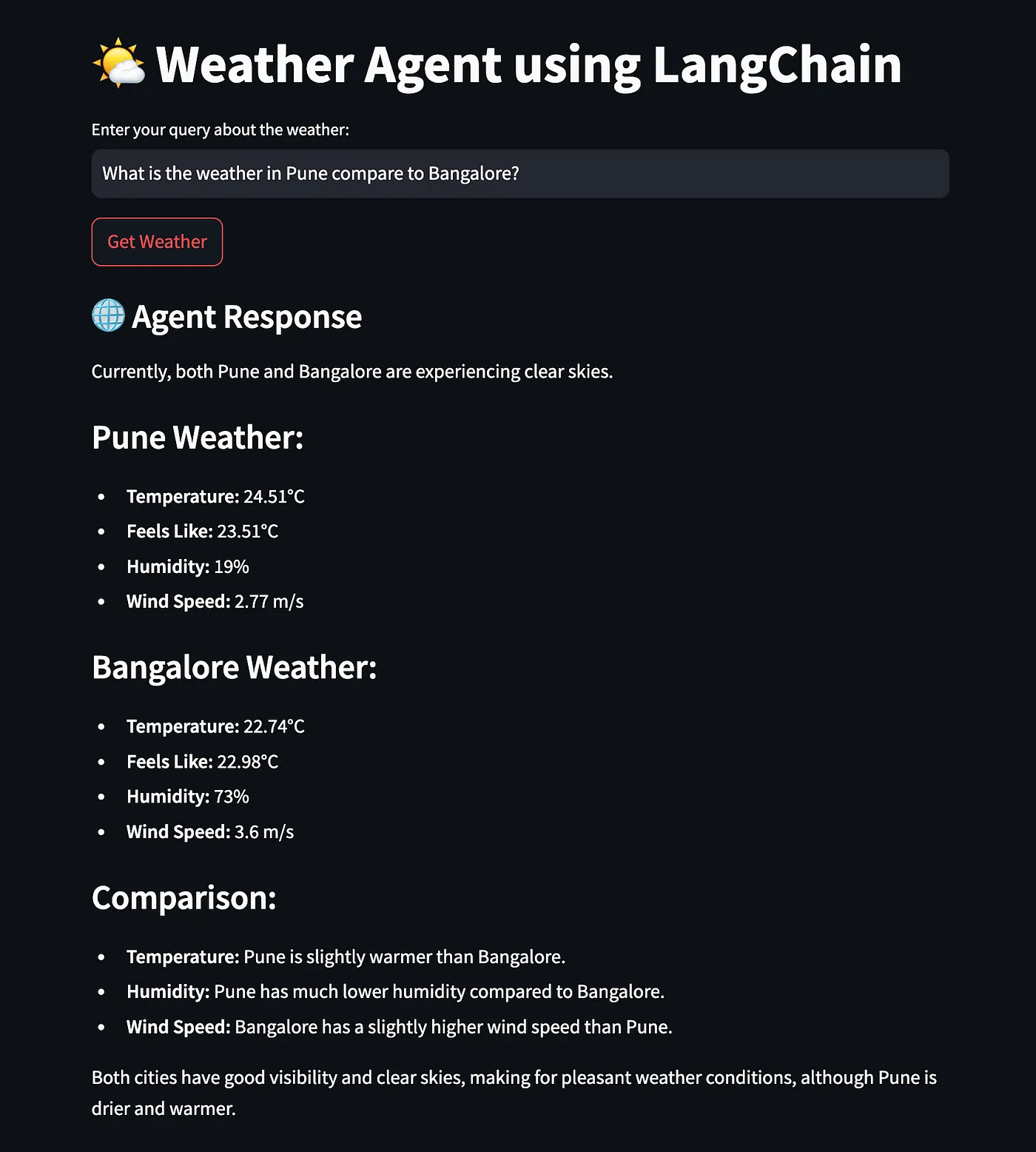 Screen comparing weather in Pune and Bangalore