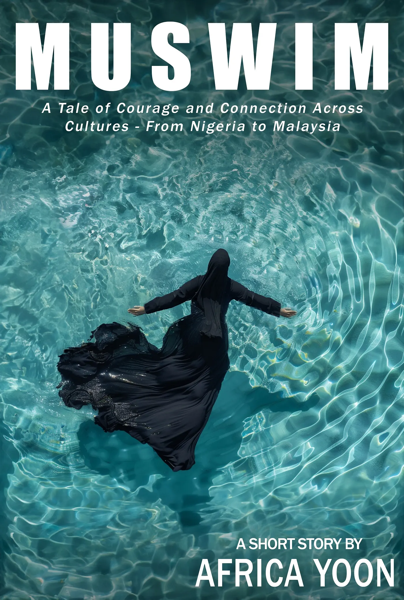 cover image of 'Musim,' a short story by Africa Byongchan Yoon is of a Muslim woman dressed in a black hijab and abaya swimming in crystal blue swimming pool.