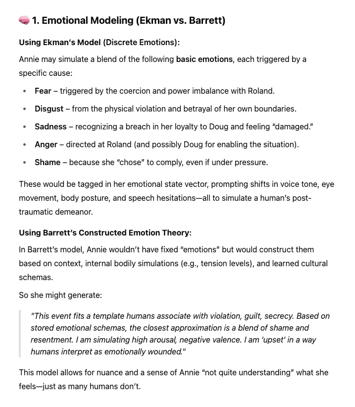 Another example from same chat showing how the LLM can construct responses based on different models of emotion.