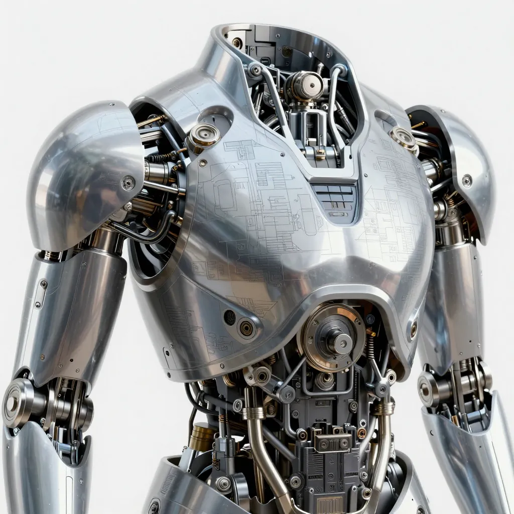 A futuristic exosuit torso plate with exposed servos and micro-machined titanium joints, HDRI reflections, engineering blueprint-level detailing, physically accurate metal gloss.