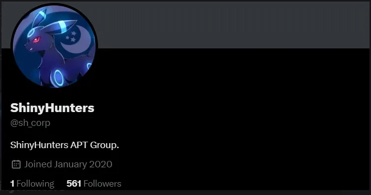 This image shows the Twitter profile of ShinyHunters, an advanced persistent threat (APT) group known for negotiating ransoms after stealing data from unsecured Snowflake cloud storage accounts. The profile, which was created in January 2020, has 561 followers and follows one account. Source: Dark Web Profile: ShinyHunters, SOCRadar.