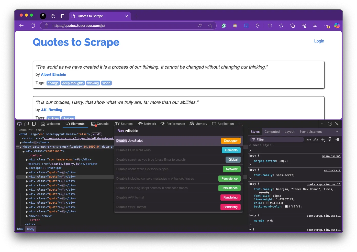 Disable javascript via the Chromium browser Devtools panel