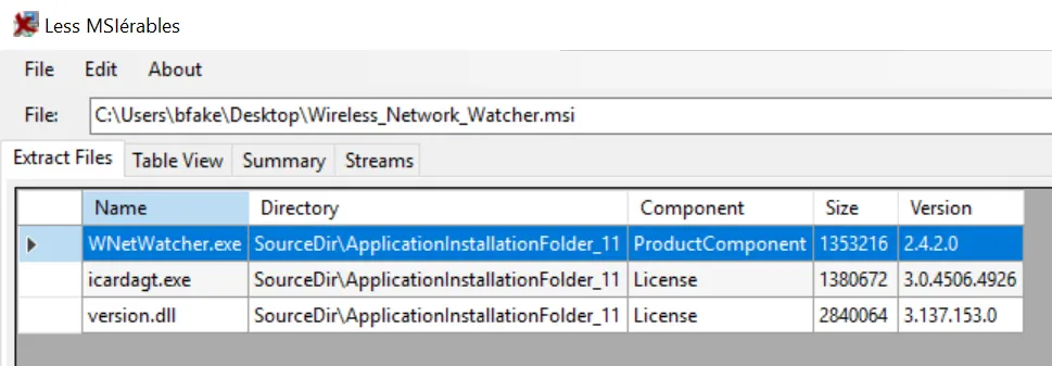 LessMSI showing the three files within the original msi