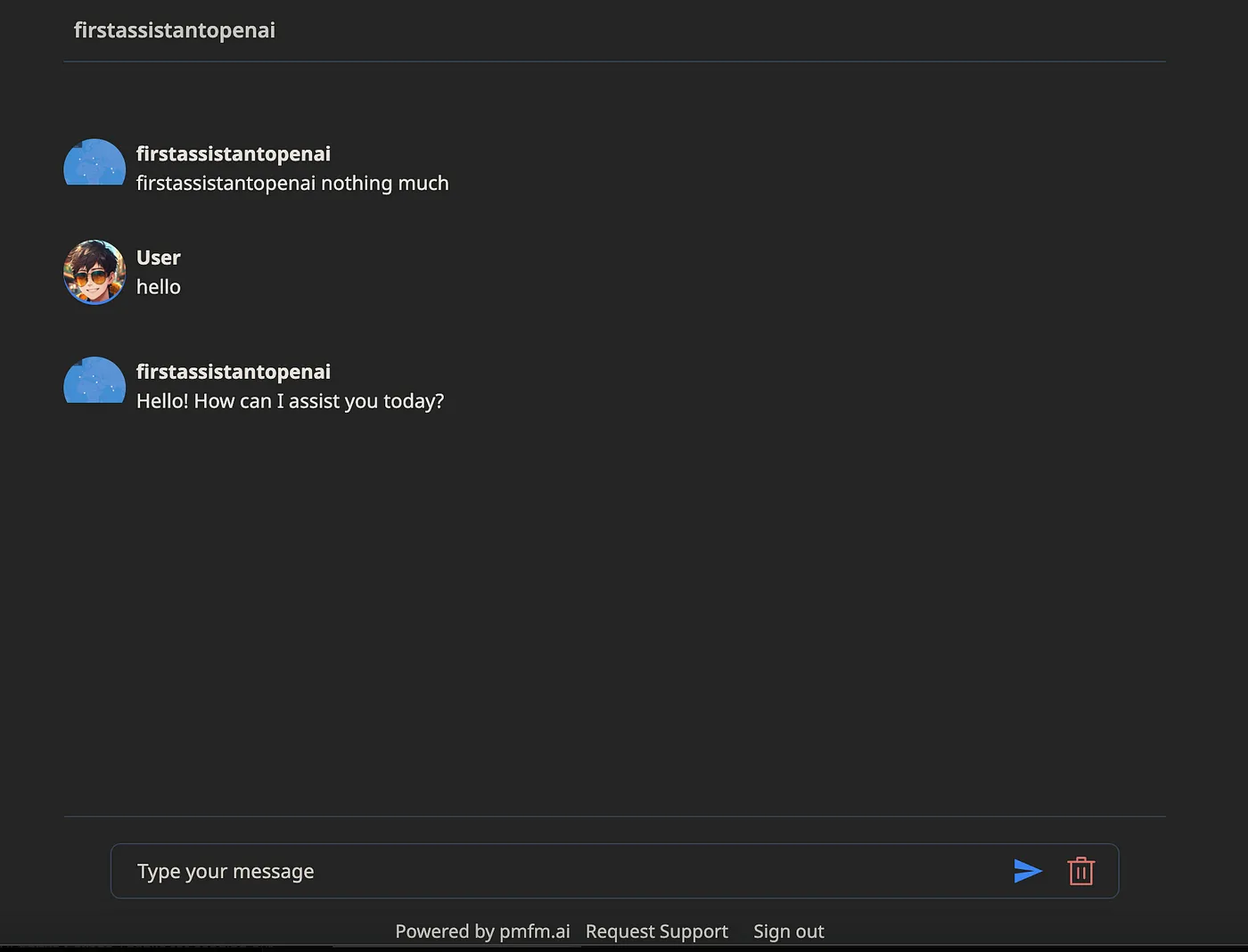 Dashboard with created assistant
