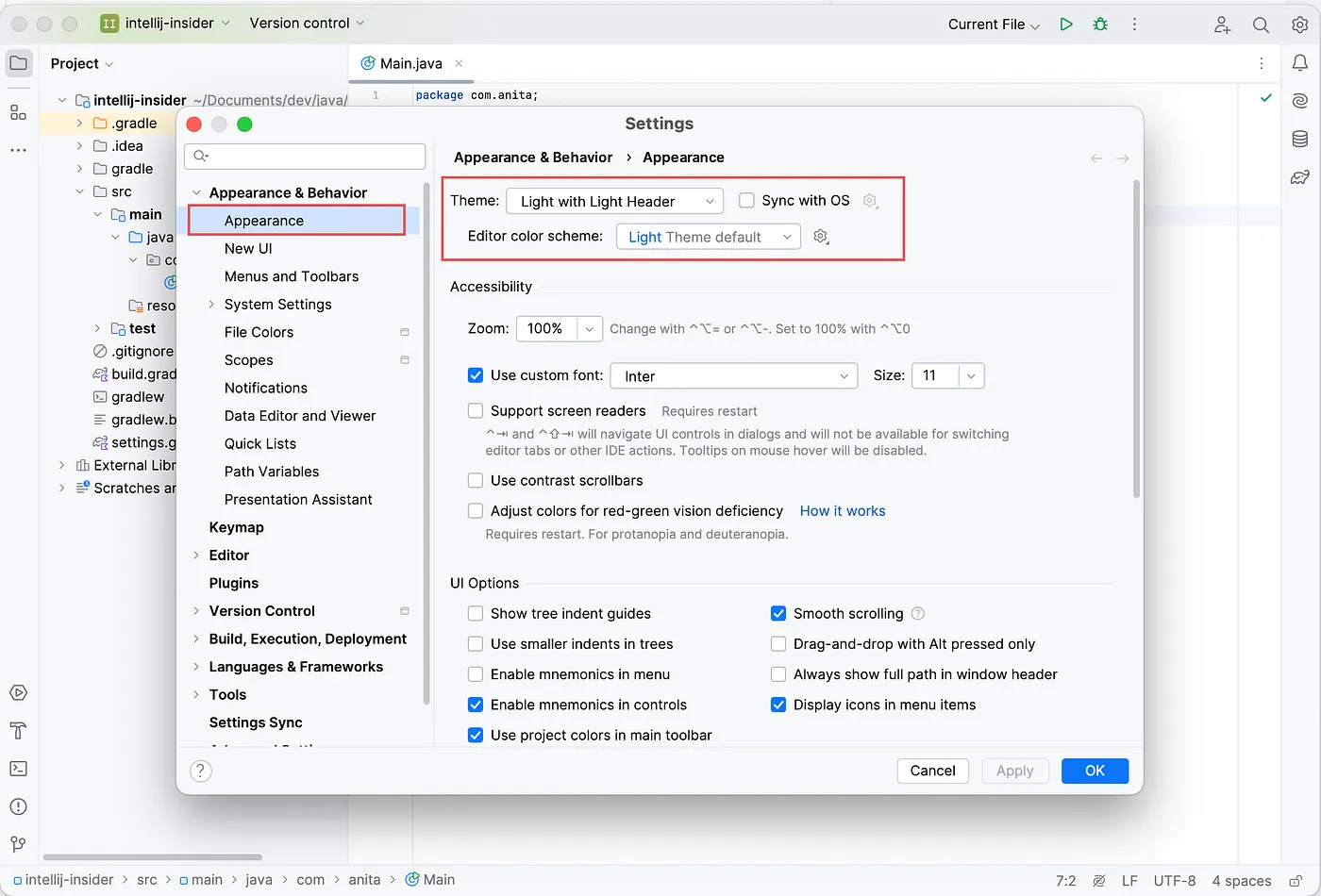 Configuring a theme from settings menu