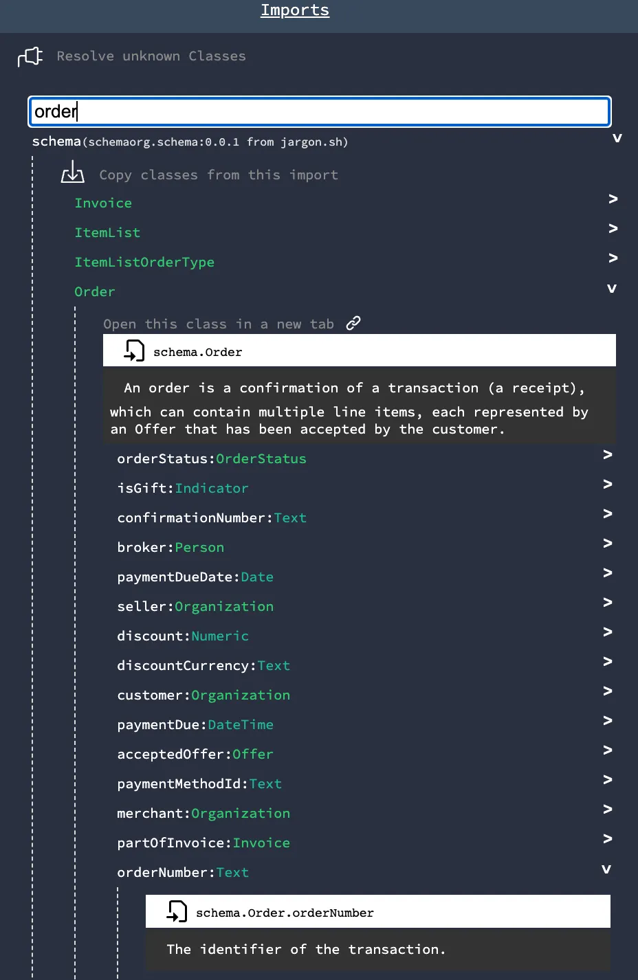 Every imported Class and Property that matches ‘order’