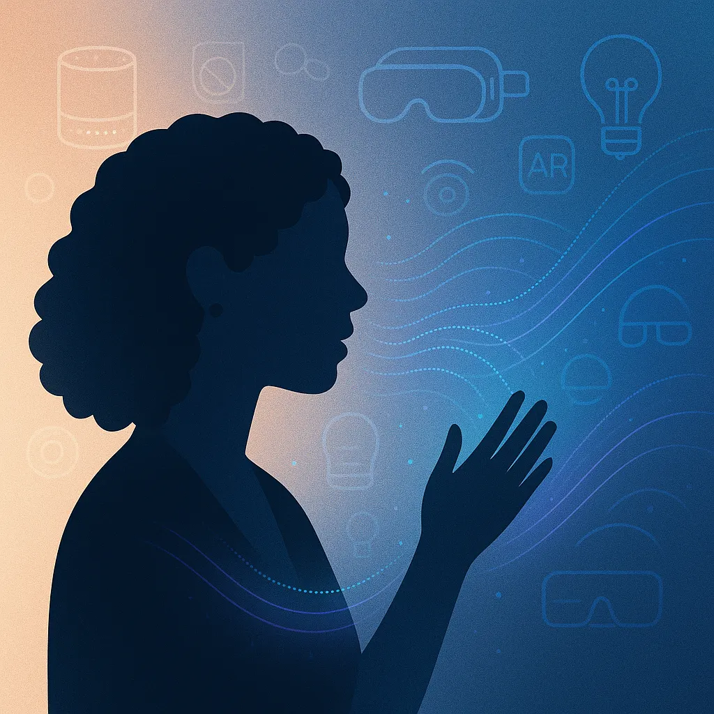 Silhouette of a woman interacting with flowing digital waves, surrounded by subtle icons of smart speakers, AR/VR headsets, and ambient technology, symbolizing invisible UX/UI design.