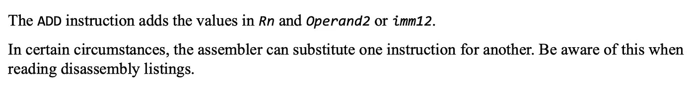 ARM ADD instruction syntax diagram showing register addition operations with operand encoding from the ARM Reference Guide