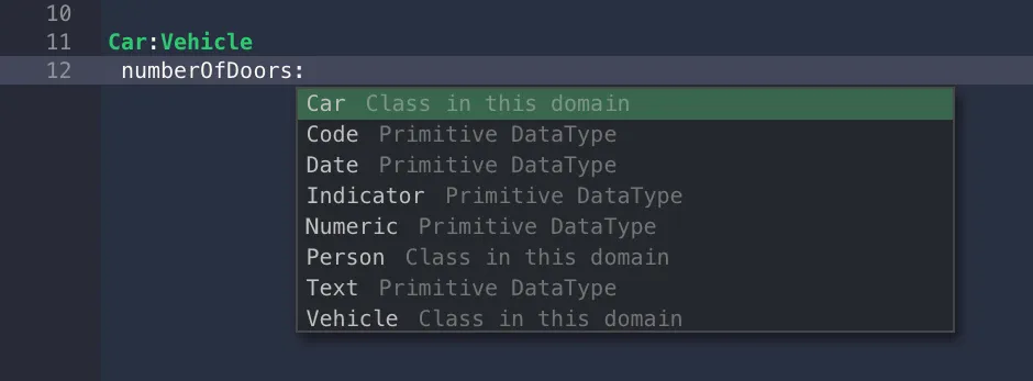 Context-aware auto-complete options are provided to help you quickly model your Domain