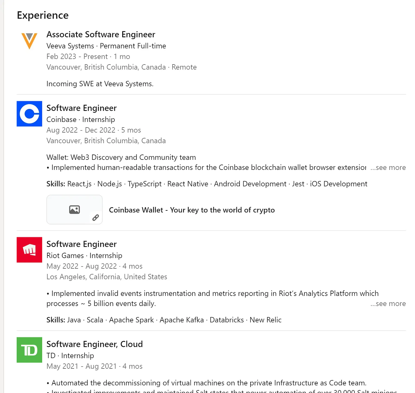 You should also parse quickly through the experience section. This is probably the most informative section. You can mention which experience you want to connect to chat about.
