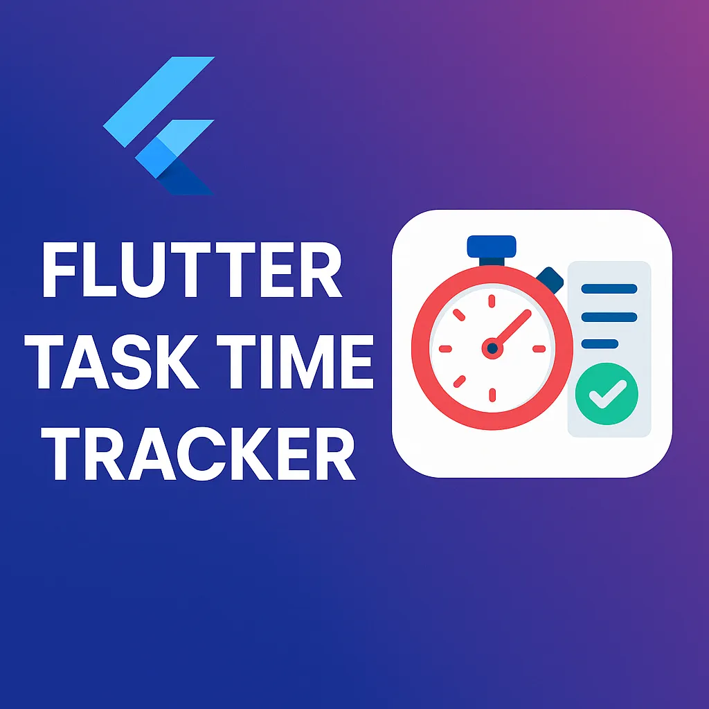 A digital illustration showcasing the Flutter Task Time Tracker plugin. It features Flutter’s logo, task icons, clocks, and UI elements representing cross-platform time tracking. The layout emphasizes productivity, with a modern blue and white color palette.