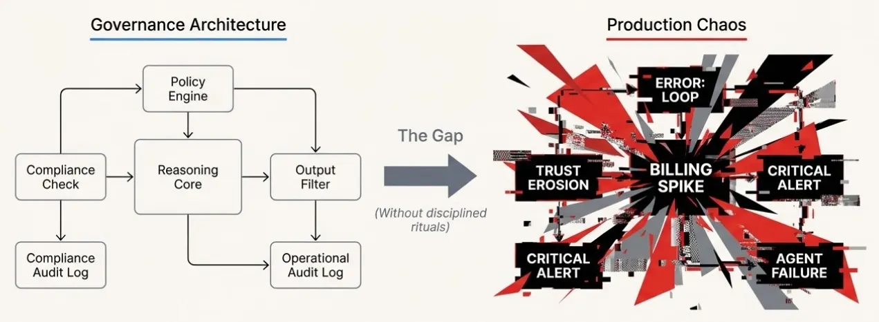 The gap between flawless AI governance and production chaos — bridged by daily operational rituals.