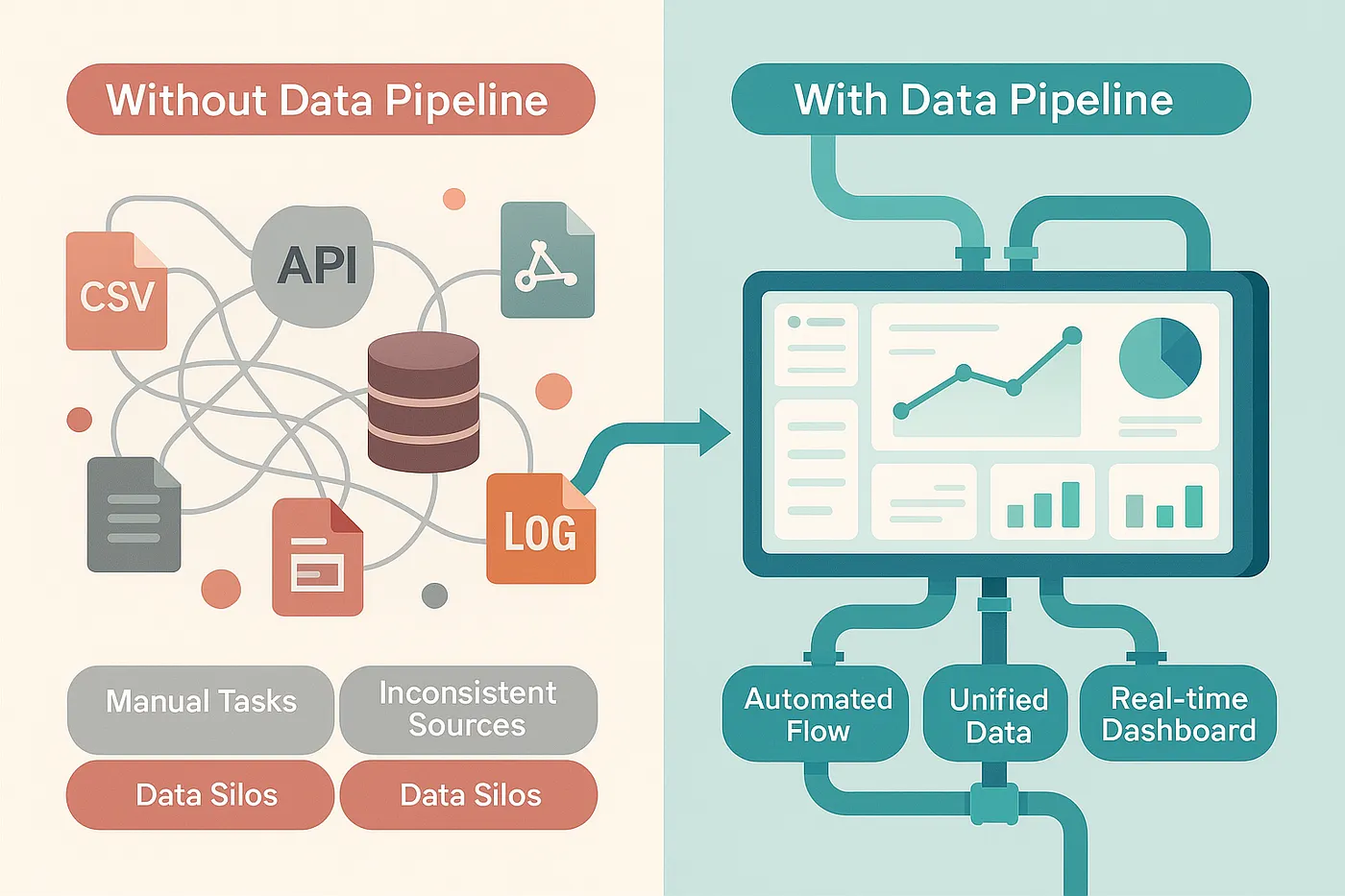 Illustration of a structured data pipeline compared to dispersed business data sources