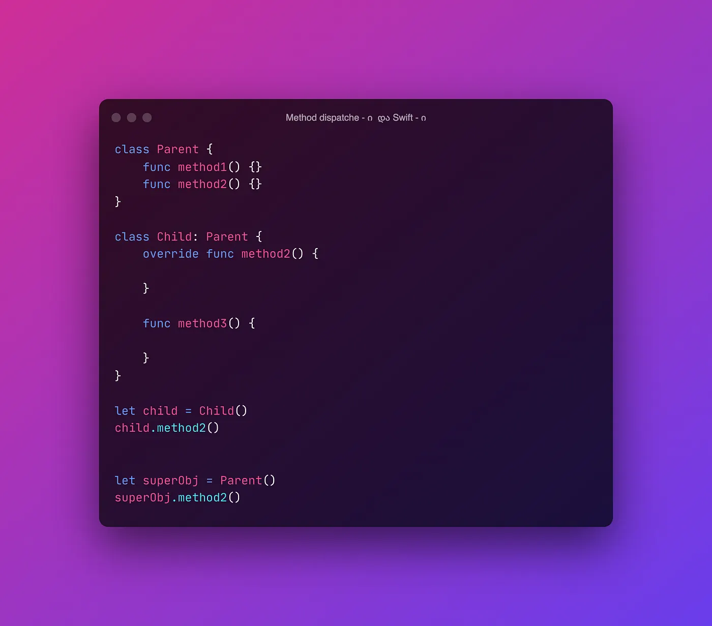 Parent ი და Child კლასი, რომელიც შვილია Parent ის სადაც 1 გადატვირთული ფუნქციაა იმპლემენტირებული.