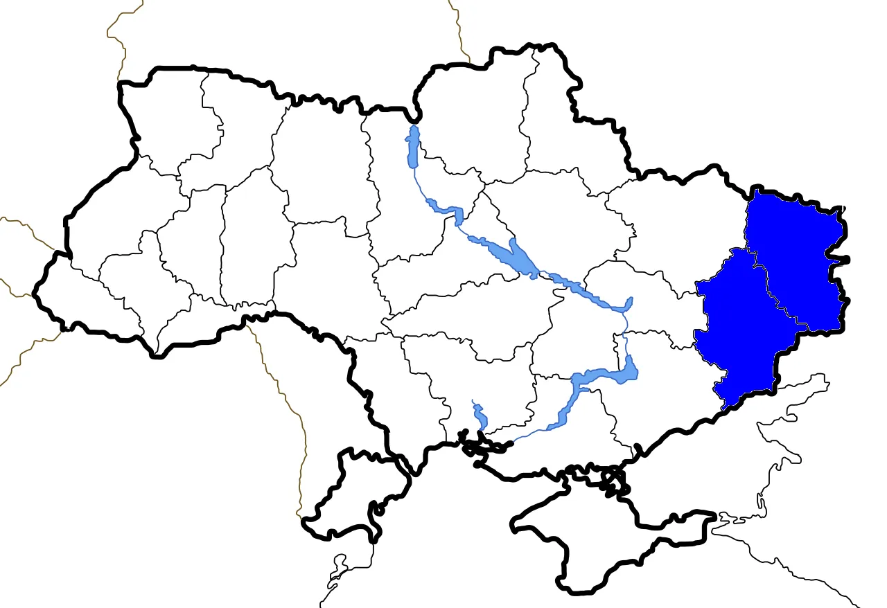 Donbas (in blue) on the Ukrainian map, Luhansk and Donetsk regions