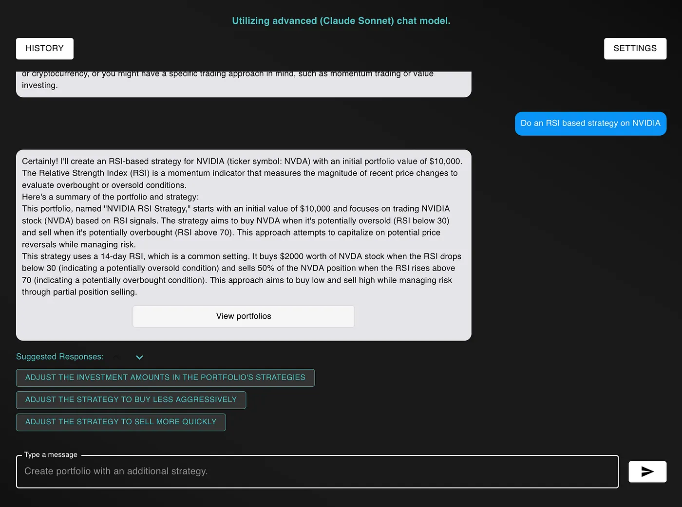 Claude 3.5 Sonnet’s response for generating a portfolio with an RSI-based strategy