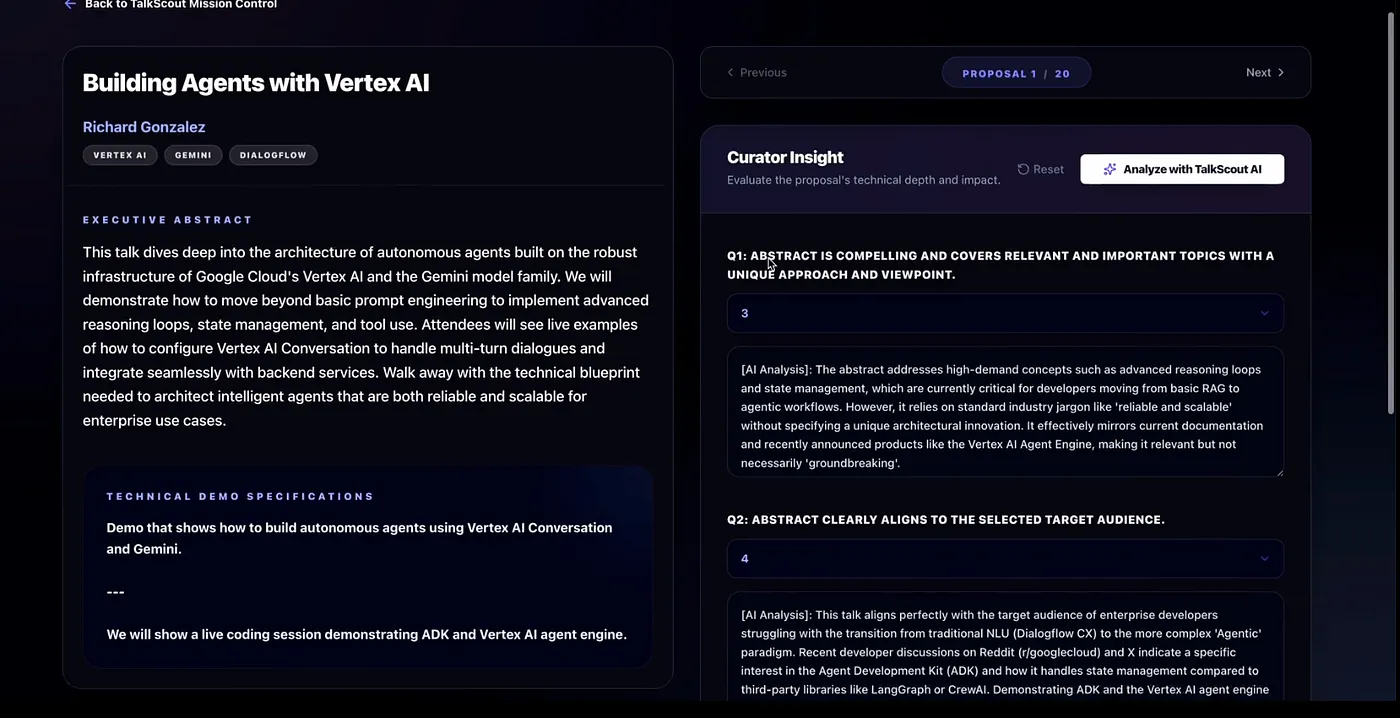 TalkScout submission review page with AI social media analysis