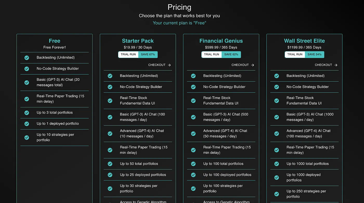 The pricing tiers within NexusTrade
