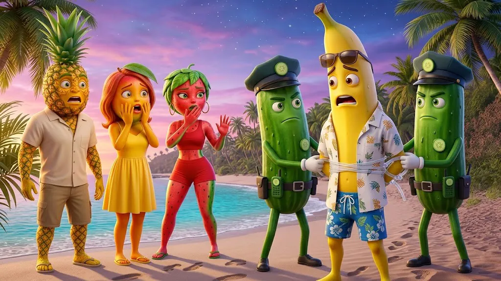 A humanoid banana arrested by humanoid cucumber policemen in front of his humanoid pineapple, peach and strawberry