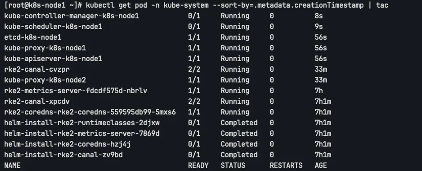 kubectl get pod -n kube-system — sort-by=.metadata.creationTimestamp | tac