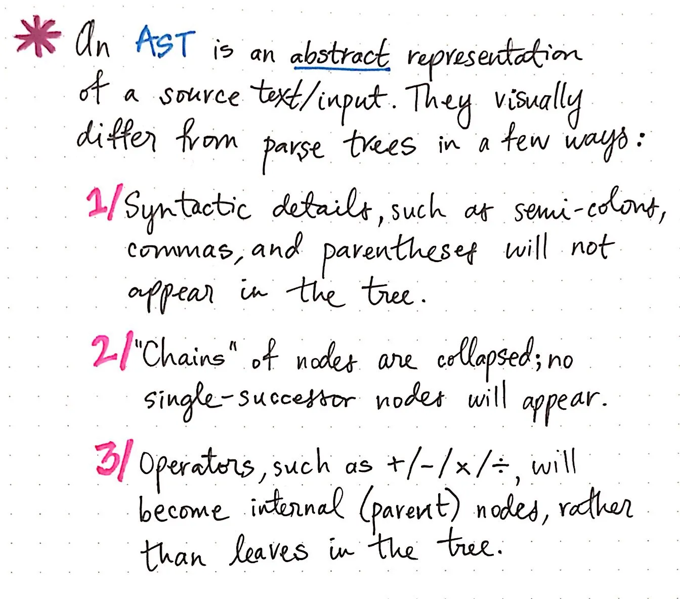 An AST is an abstract representation of a source text.