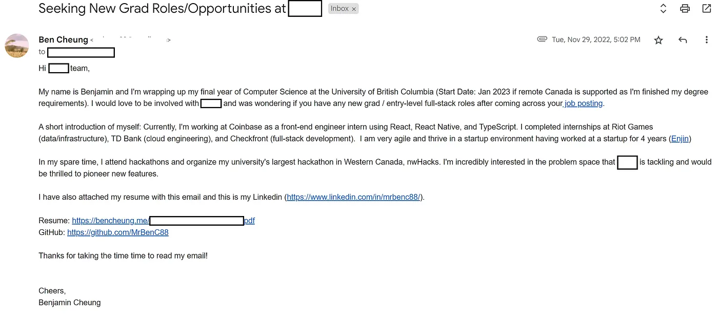 Sample cold reach-out email to recruiter.