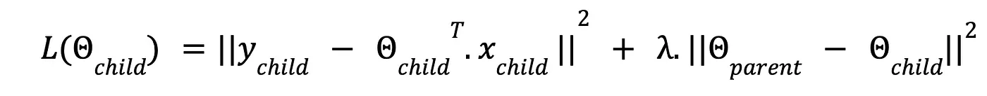 Equation 1 — Example of the training loss used to train a child node’s parameters Θ_child using its parent parameter Θ_parent via a L2 regularization of strength λ