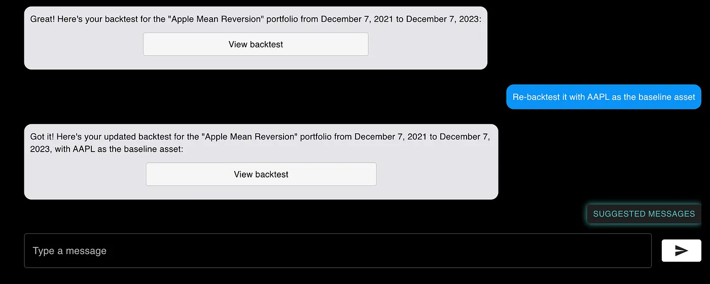 Asking Aurora to backtest the portfolio across the past two years using AAPL as the baseline