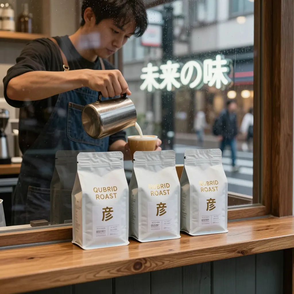 A hyper-realistic cinematic photograph of a glass storefront café on a rainy evening in Tokyo. Inside the café, a barista wearing a denim apron is pouring latte art into a cup. On the counter is a product display of three coffee bags — each bag perfectly printed with the brand name “QUBRID ROAST 彦” in metallic gold foil text (English + Kanji), aligned center, sharp and readable. Through the glass reflection, neon signage reads “未来の味” in crisp glowing typography. Ground reflections show distorted neon lights in wet asphalt. Depth-of-field blur shows pedestrians crossing the street. Soft volumetric light inside the café, accurate perspective lines, visible wood grain texture on the counter, and condensation streaks on the glass. Full 4K resolution, photographic color grading, realistic lens bokeh, accurate hand anatomy, fine hair strands, natural skin pores, commercial ad style.